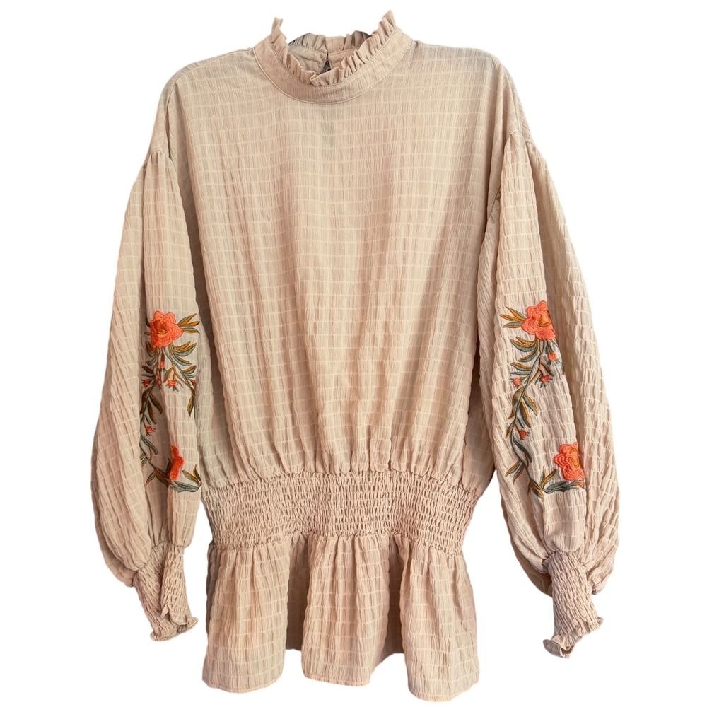 Entro Blouse Womens Large Beige Excellent Embroidered Smocked Peplum Boho Top